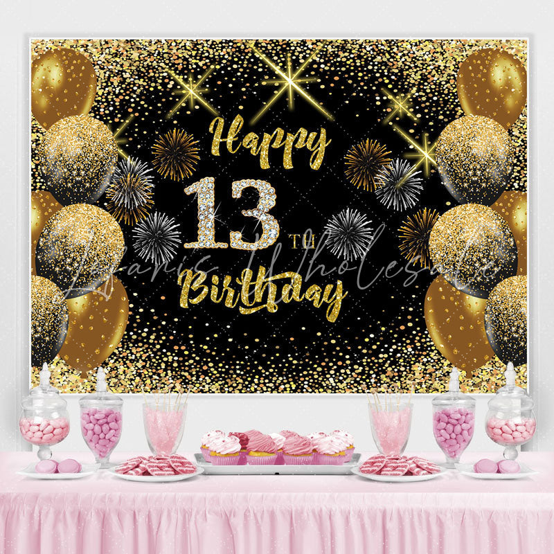 Lofaris Black Gold Balloon Glitter Happy 13Th Birthday Backdrop