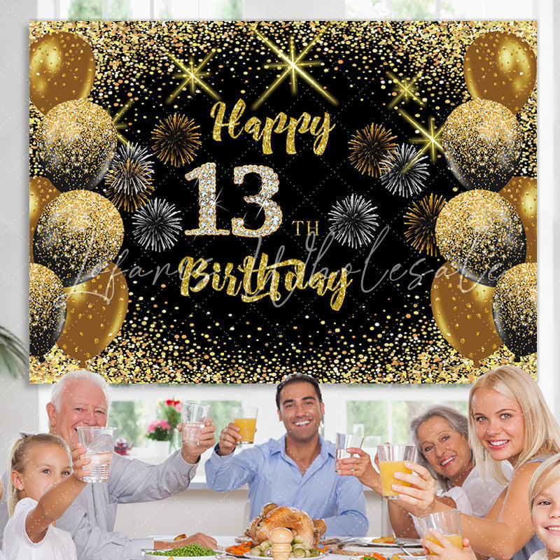 Lofaris Black Gold Balloon Glitter Happy 13Th Birthday Backdrop