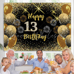 Lofaris Black Gold Balloon Glitter Happy 13Th Birthday Backdrop