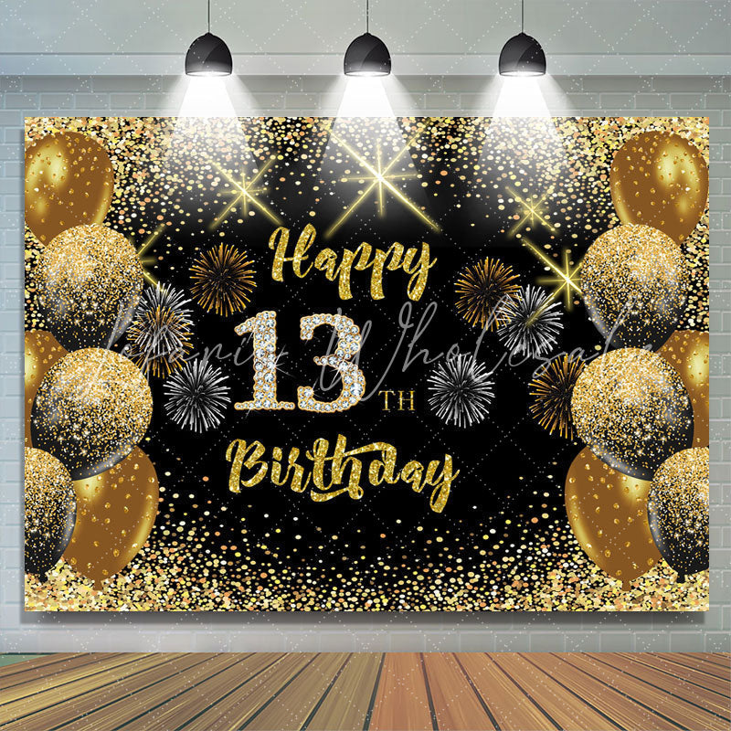 Lofaris Black Gold Balloon Glitter Happy 13Th Birthday Backdrop