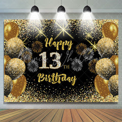 Lofaris Black Gold Balloon Glitter Happy 13Th Birthday Backdrop