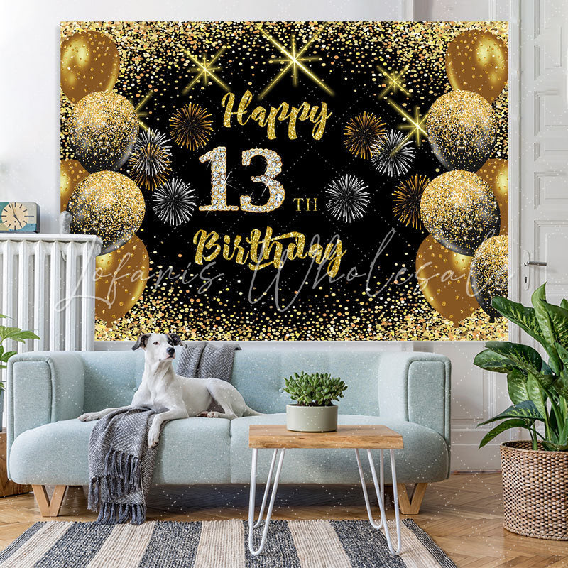 Lofaris Black Gold Balloon Glitter Happy 13Th Birthday Backdrop