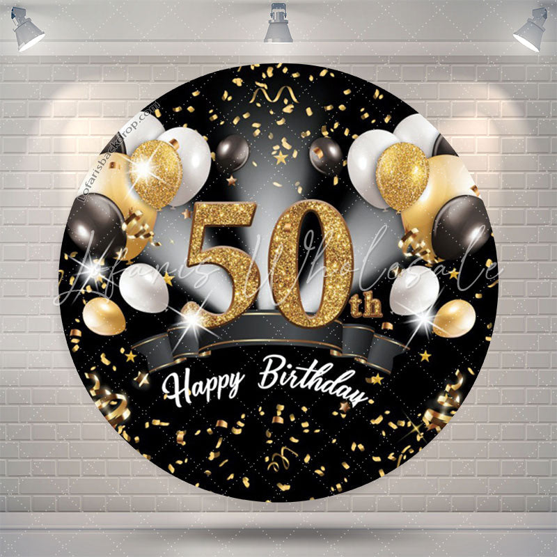 Lofaris Black Gold Balloon Happy 50th Birthday Round Backdrop
