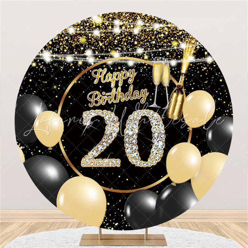 Lofaris Black Gold Balloons Glitter Round 20th Birthday Backdrop