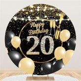 Lofaris Black Gold Balloons Glitter Round 20th Birthday Backdrop