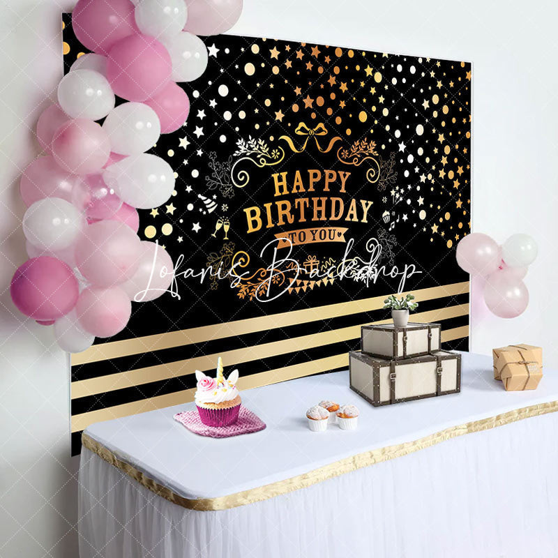 Lofaris Black Gold Dots Stars Happy Birthday To You Backdrop