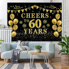 Lofaris Black Gold Glitter Balloon 60th Birthday Backdrop