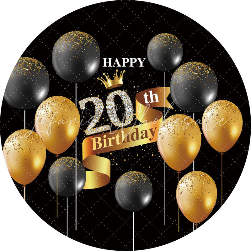 Lofaris Black Gold Glitter Balloons Round 20th Birthday Backdrop