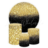 Black/Gold Glitter Themed Round Backdrop and Cylinders Kit