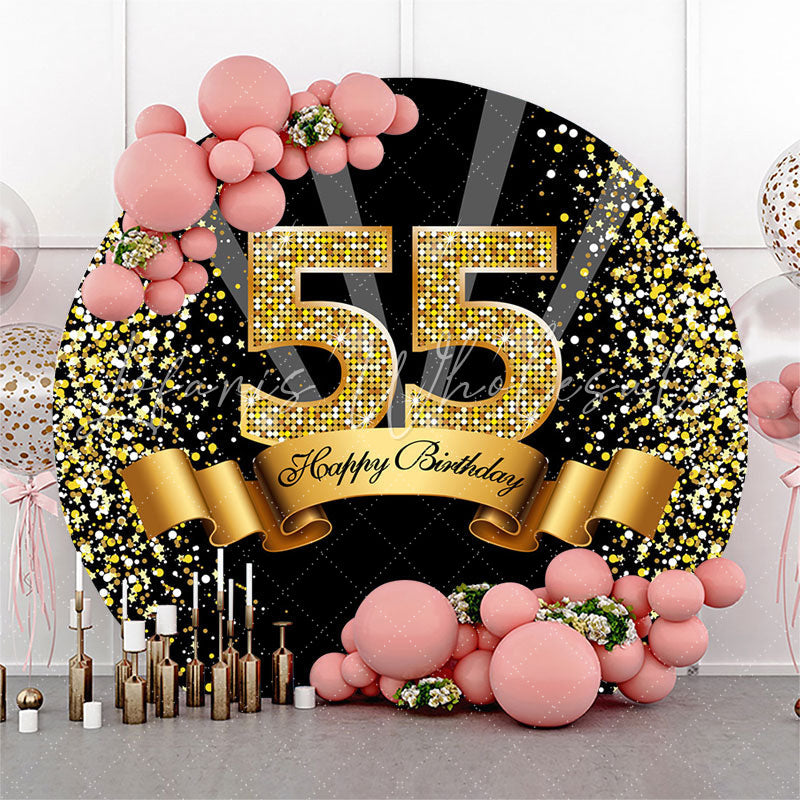Lofaris Black Gold Happy 55th Birthday Glitter Ribbon Round Backdrops