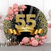 Lofaris Black Gold Happy 55th Birthday Glitter Ribbon Round Backdrops