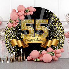 Lofaris Black Gold Happy 55th Birthday Glitter Ribbon Round Backdrops