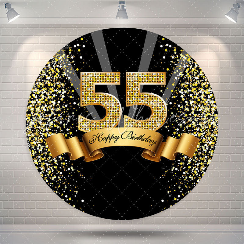 Lofaris Black Gold Happy 55th Birthday Glitter Ribbon Round Backdrops