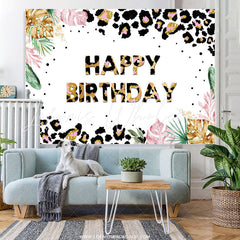 Lofaris Black Gold Pattern And Leaves Happy Birthday Backdrop