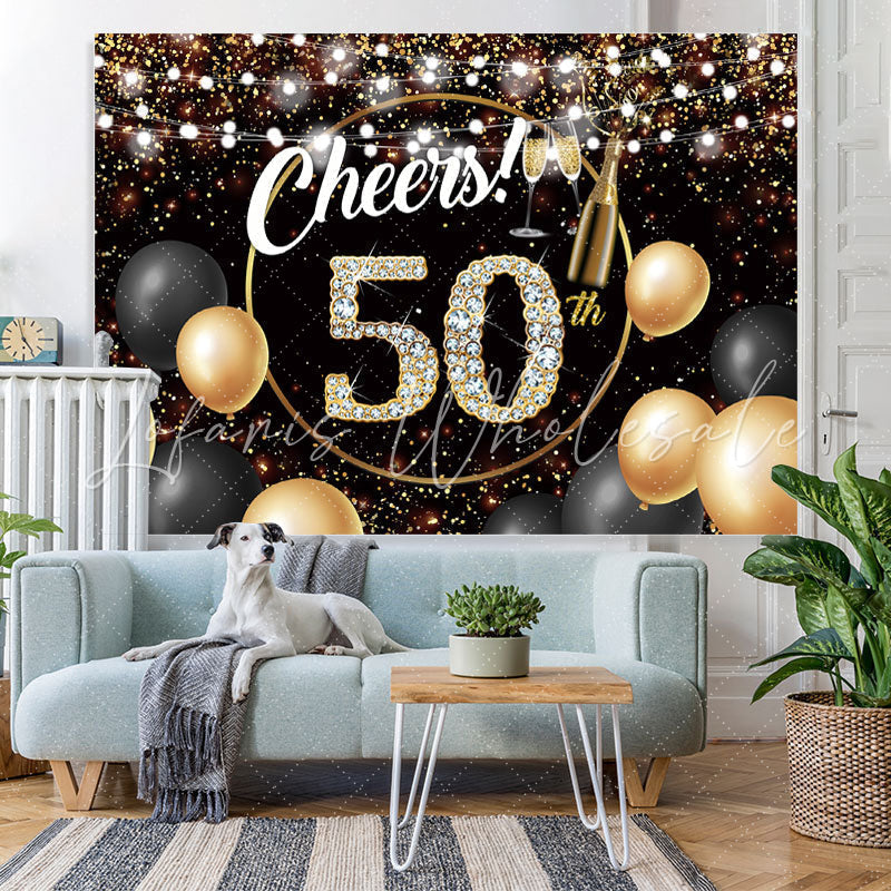 Lofaris Black Golden Balloon Cheers 50 Happy Birthday Backdrop
