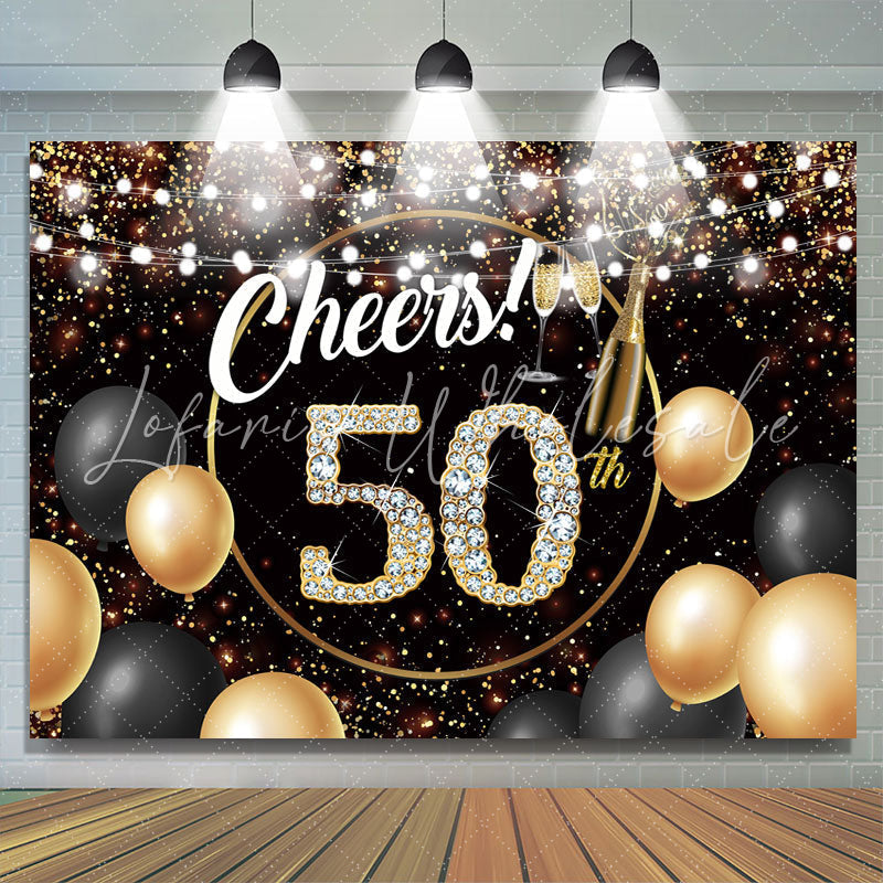 Lofaris Black Golden Balloon Cheers 50 Happy Birthday Backdrop