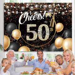 Lofaris Black Golden Balloon Cheers 50 Happy Birthday Backdrop