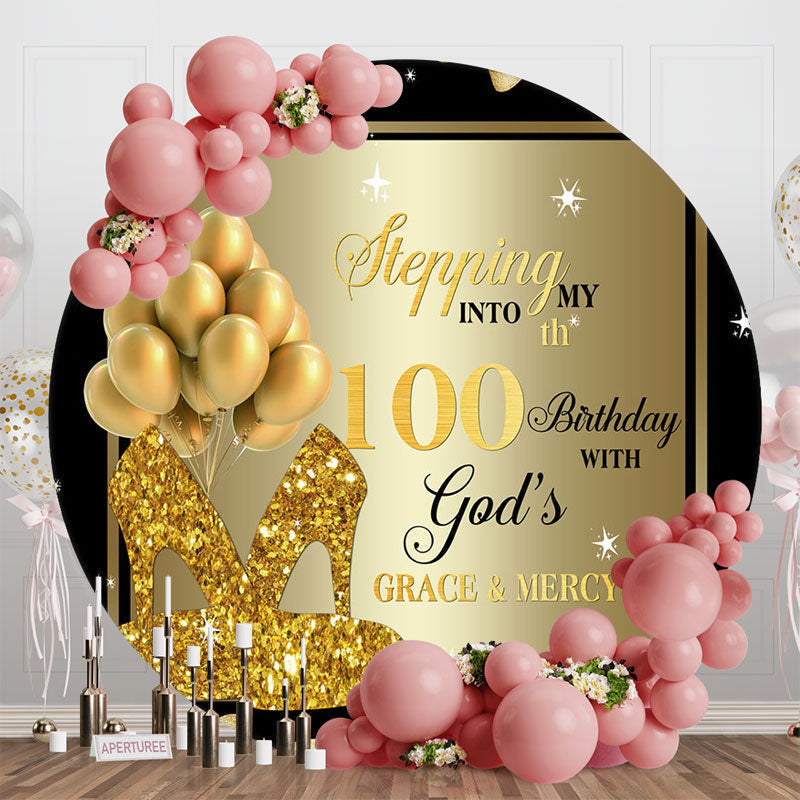 Lofaris Black Golden Balloon Round 100th Birthday Backdrop