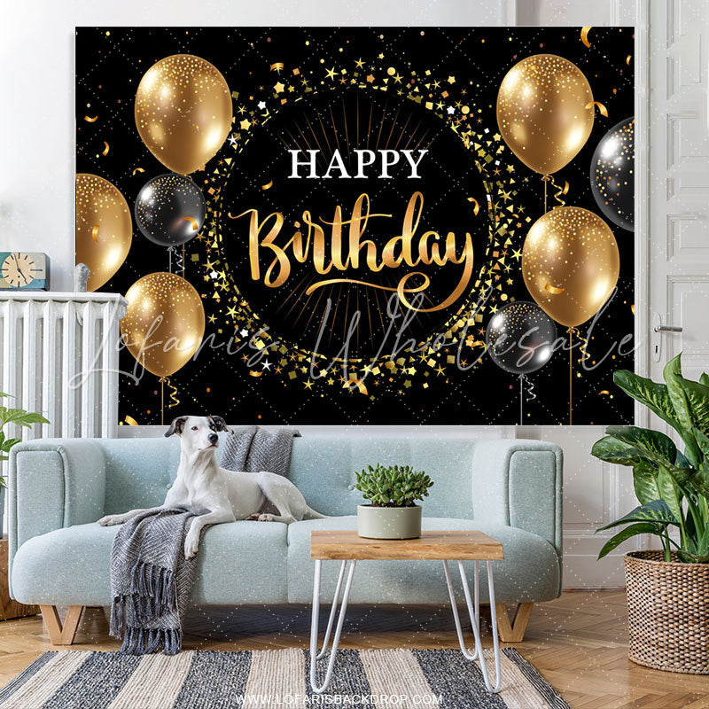 Lofaris Black Golden Balloon Star Circle Birthday Backdrop