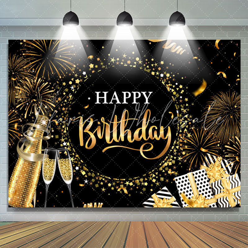 Lofaris Black Golden Champagne Star Happy Birthday Backdrop