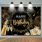 Lofaris Black Golden Champagne Star Happy Birthday Backdrop