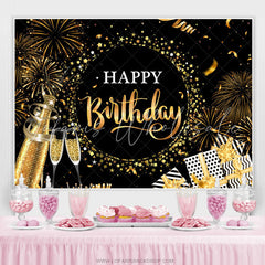 Lofaris Black Golden Champagne Star Happy Birthday Backdrop