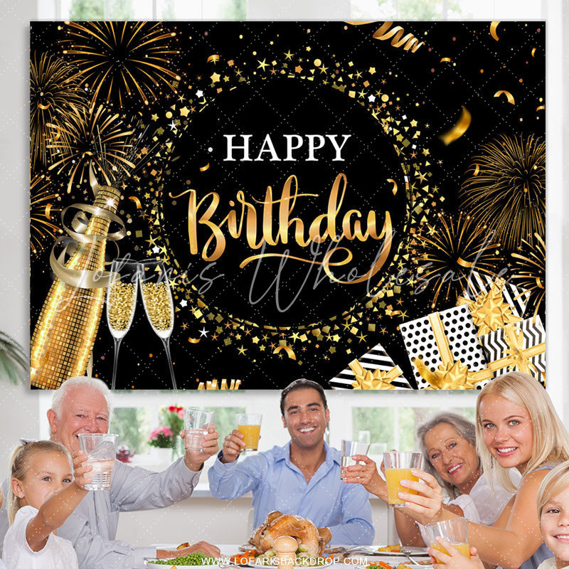 Lofaris Black Golden Champagne Star Happy Birthday Backdrop