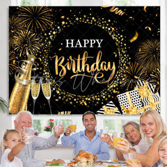 Lofaris Black Golden Champagne Star Happy Birthday Backdrop