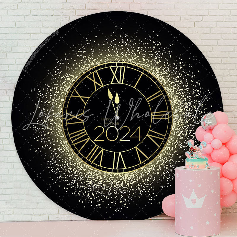 Lofaris Black Golden Clock Round Happy 2024 Holiday Backdrop
