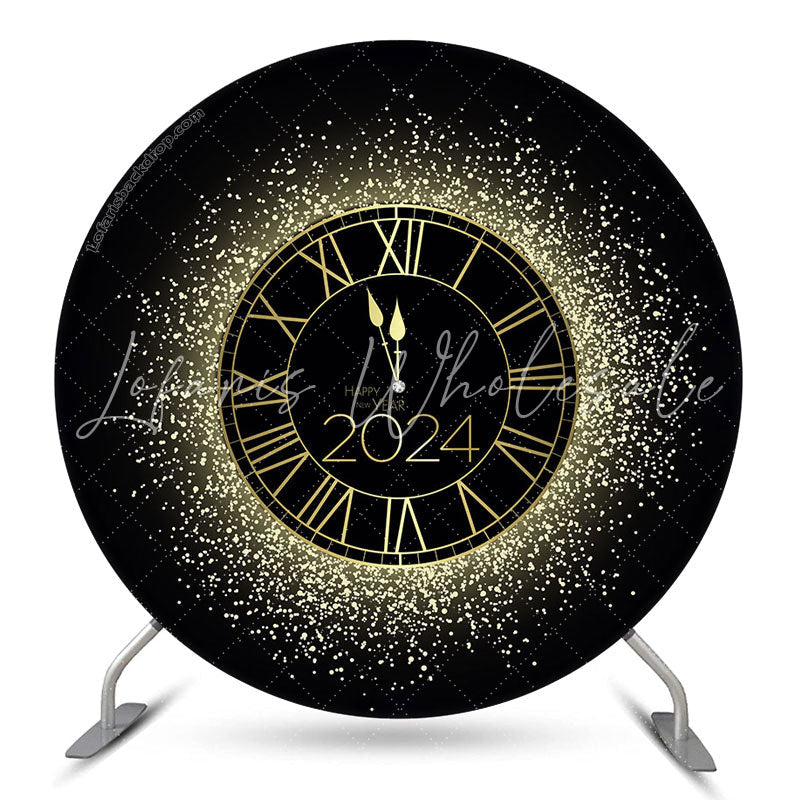 Lofaris Black Golden Clock Round Happy 2024 Holiday Backdrop