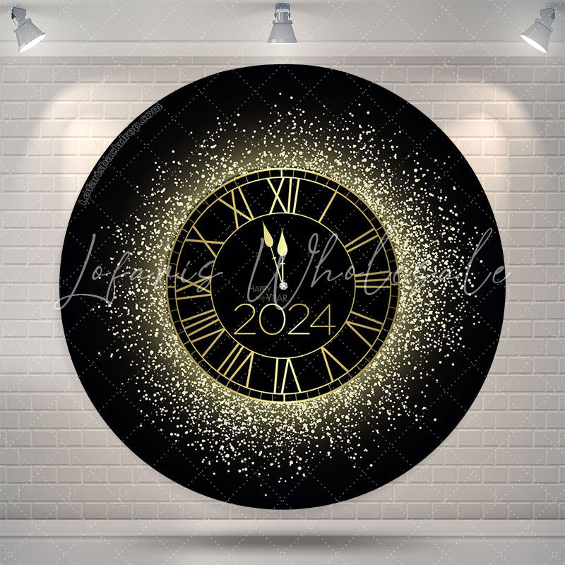Lofaris Black Golden Clock Round Happy 2024 Holiday Backdrop