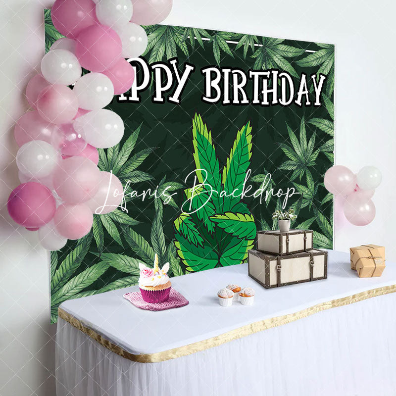 Lofaris Black Green Cannabis Leaves Happy Birthday Backdrop