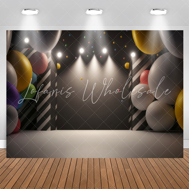 Lofaris Black Light Balloons Gray Happy Birthday Backdrop