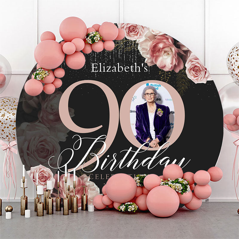 Lofaris Black Pink Floral Round 90th Birthday Party Backdrop