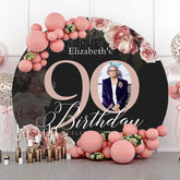 Lofaris Black Pink Floral Round 90th Birthday Party Backdrop