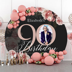 Lofaris Black Pink Floral Round 90th Birthday Party Backdrop