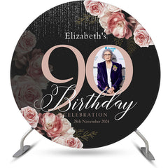Lofaris Black Pink Floral Round 90th Birthday Party Backdrop