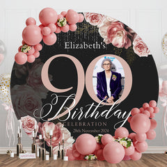 Lofaris Black Pink Floral Round 90th Birthday Party Backdrop