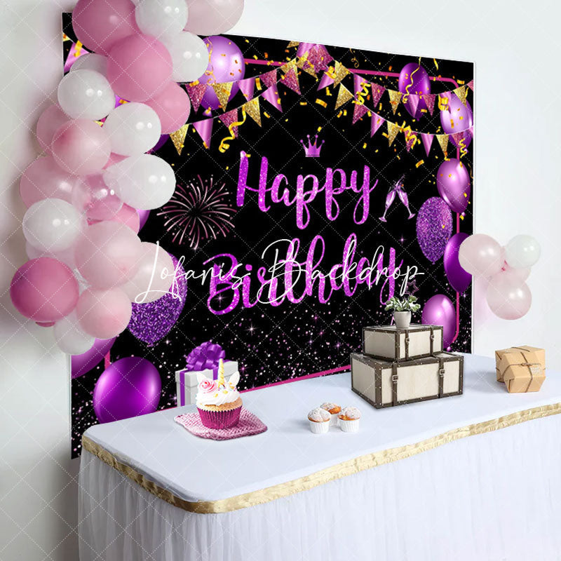 Lofaris Black Purple Gold Balloons Sparkle Birthday Backdrop