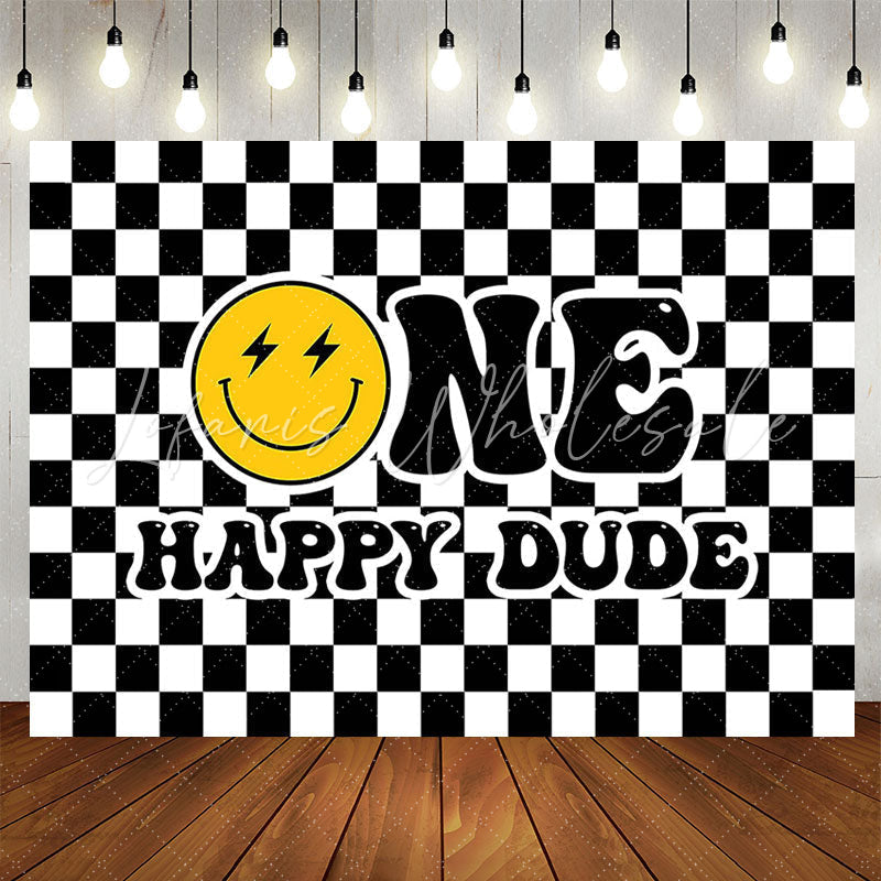 Lofaris Black White Plaid Smiling Face 1st Birthday Backdrop