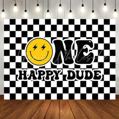 Lofaris Black White Plaid Smiling Face 1st Birthday Backdrop