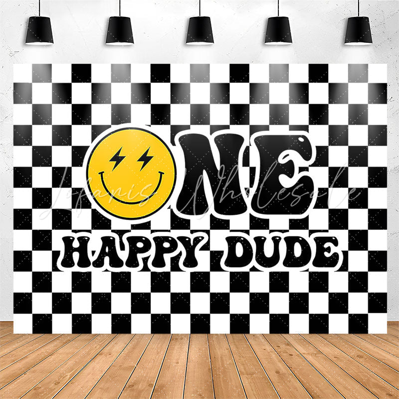 Lofaris Black White Plaid Smiling Face 1st Birthday Backdrop