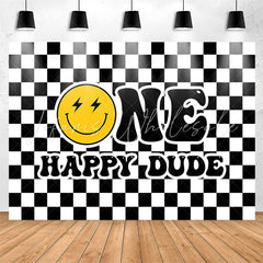 Lofaris Black White Plaid Smiling Face 1st Birthday Backdrop