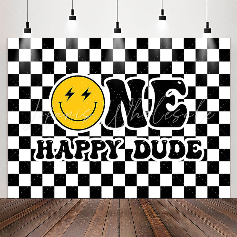 Lofaris Black White Plaid Smiling Face 1st Birthday Backdrop