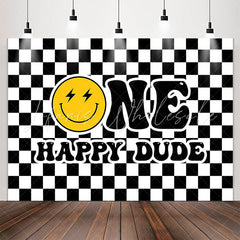 Lofaris Black White Plaid Smiling Face 1st Birthday Backdrop