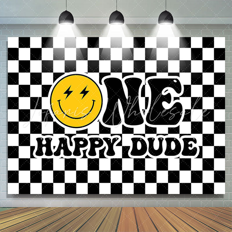 Lofaris Black White Plaid Smiling Face 1st Birthday Backdrop