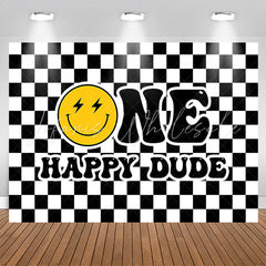 Lofaris Black White Plaid Smiling Face 1st Birthday Backdrop