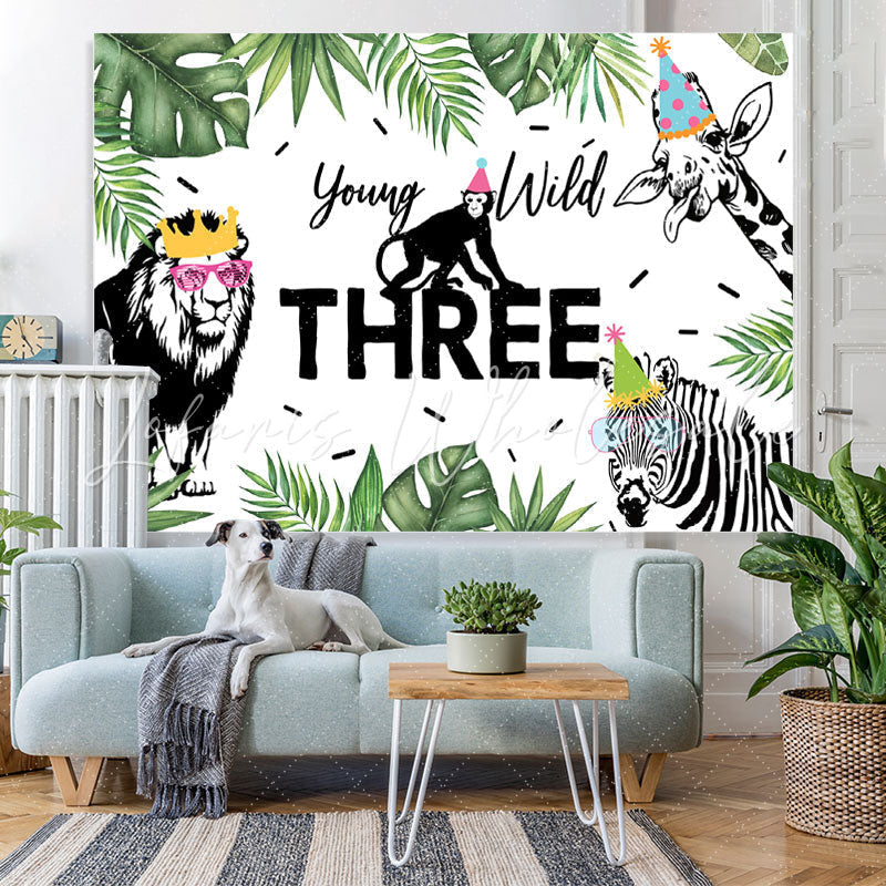 Lofaris Black-White Safaris Green Leaves Wild Three Backdrop