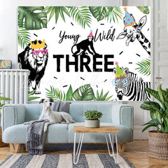 Lofaris Black-White Safaris Green Leaves Wild Three Backdrop