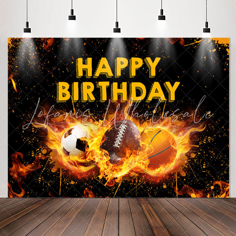 Lofaris Black Yellow Fire Sports Happy Birthday Backdrop